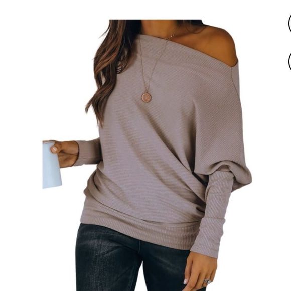Tops - Beige Off Shoulder Ribbed Texture Raglan Long Sleeve Top